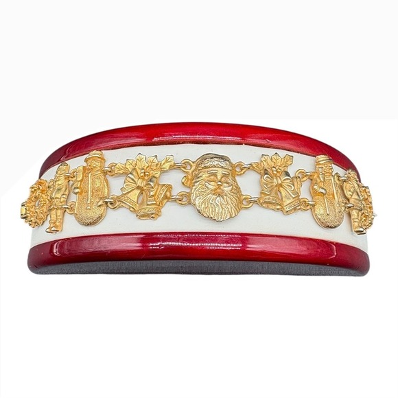 C.A.C Jewelry - OJC Christmas Charm Bracelet Santa Snowman Bells Holly Gold‎ Tone Vtg